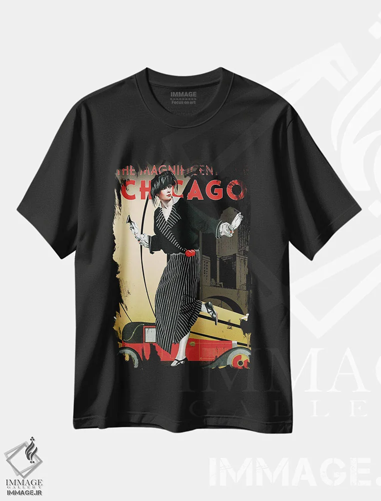 تیشرت مشکی طرح دار سفر به شیکاگو، هنر دیجیتال اثر سَتردی ایونینگ پُست | فروشگاه ایماژ