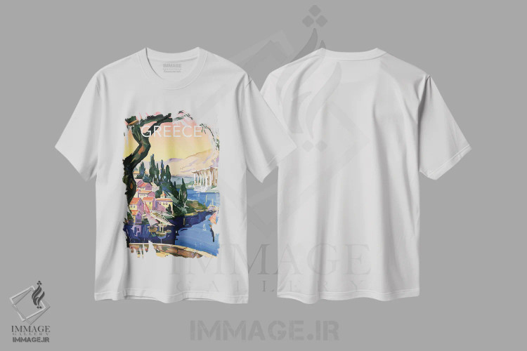تیشرت سفید طرح دار سفر به یونان، هنر دیجیتال اثر سَتردی ایونینگ پُست | فروشگاه ایماژ