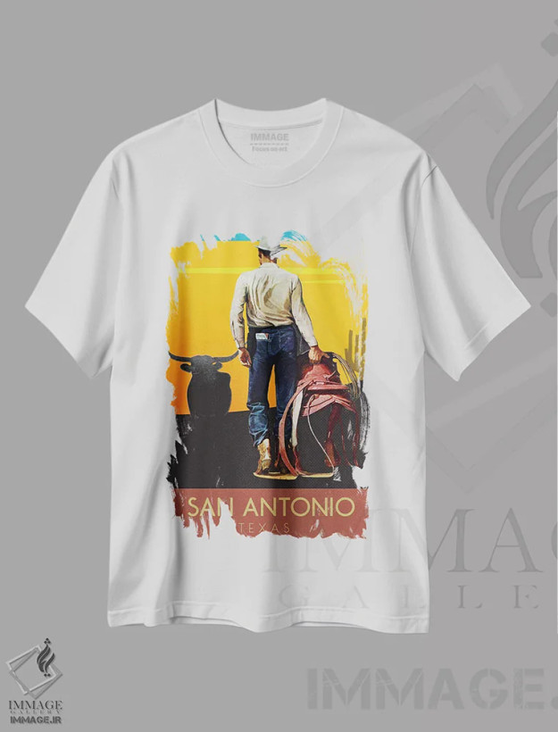 تیشرت سفید طرح دار سفر به سن آنتونیو، هنر دیجیتال اثر سَتردی ایونینگ پُست | فروشگاه ایماژ