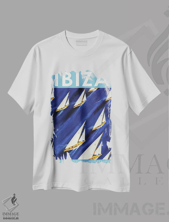 تیشرت سفید طرح دار مسابقهٔ قایق بادبانی در ایبیزا، دکور آمریکایی اثر اسکی ولد | فروشگاه ایماژ