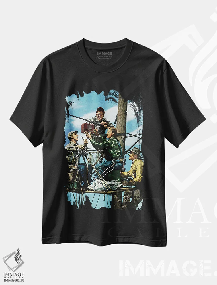 تیشرت مشکی طرح دار تکنسین ها در حال گوش دادن به ورلد سریز، دکور آمریکایی اثر استوان دوهانوس | فروشگاه ایماژ
