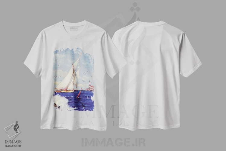 تیشرت سفید طرح دار قایقرانی کنار فانوس دریایی، دکور آمریکایی اثر آلبرت بی. مارکس | فروشگاه ایماژ