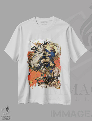 تیشرت سفید طرح دار جرج واشینگتن بر اسب، دکور آمریکایی اثر جی.سی. لیندکر | فروشگاه ایماژ