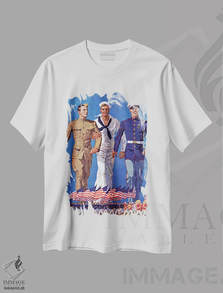 تیشرت سفید طرح دار ارتش، نیروی دریایی و تفنگداران دریایی، دکور آمریکایی اثر جان ای. شریدان | immage.ir