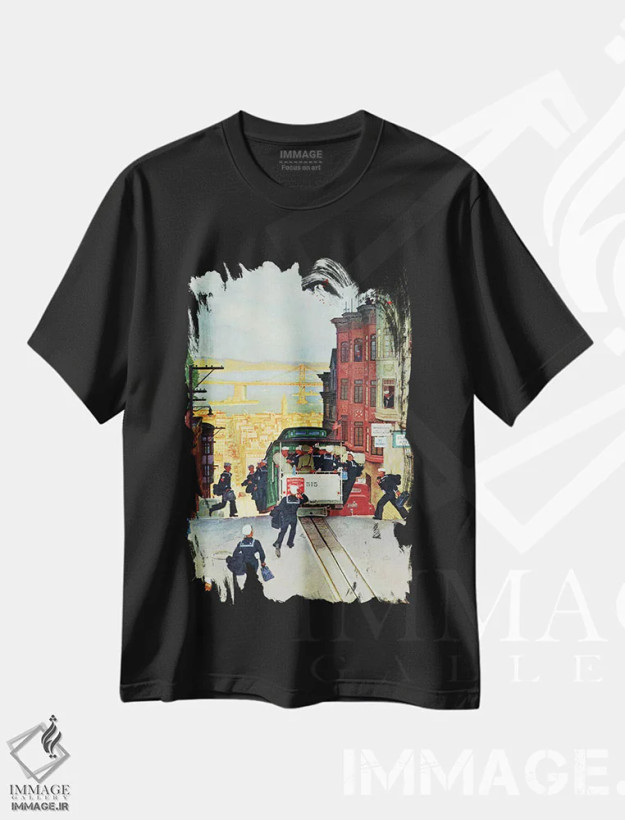 تیشرت مشکی طرح دار تراموای سانفرانسیسکو، دکور آمریکایی اثر مید شفر | فروشگاه ایماژ