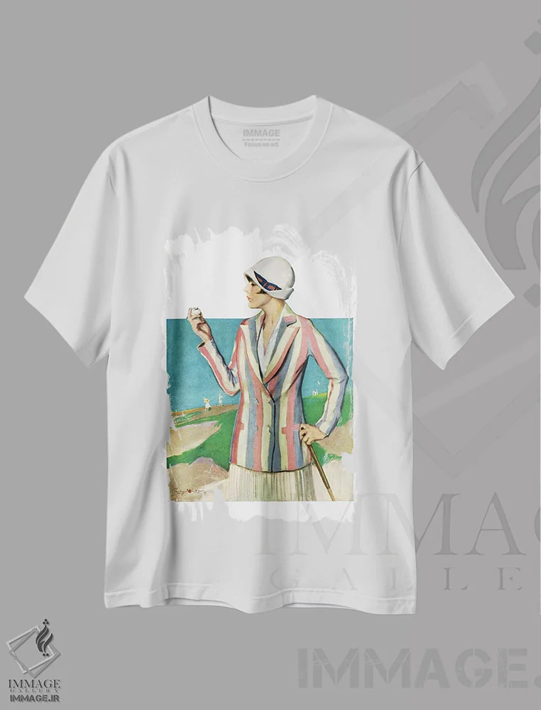 تیشرت سفید طرح دار زن در تله شنی، دکور آمریکایی اثر پنرین استنلاوز | فروشگاه ایماژ