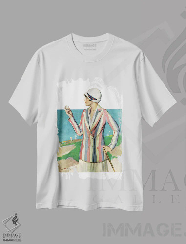 تیشرت سفید طرح دار زن در تله شنی، دکور آمریکایی اثر پنرین استنلاوز | فروشگاه ایماژ