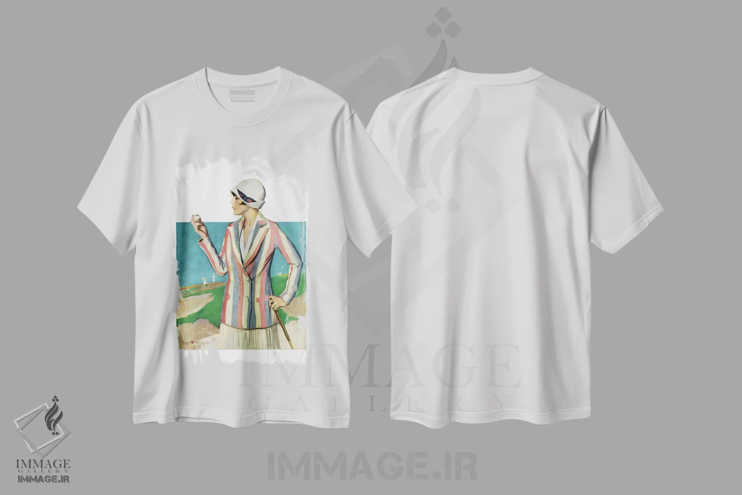 تیشرت سفید طرح دار زن در تله شنی، دکور آمریکایی اثر پنرین استنلاوز | فروشگاه ایماژ