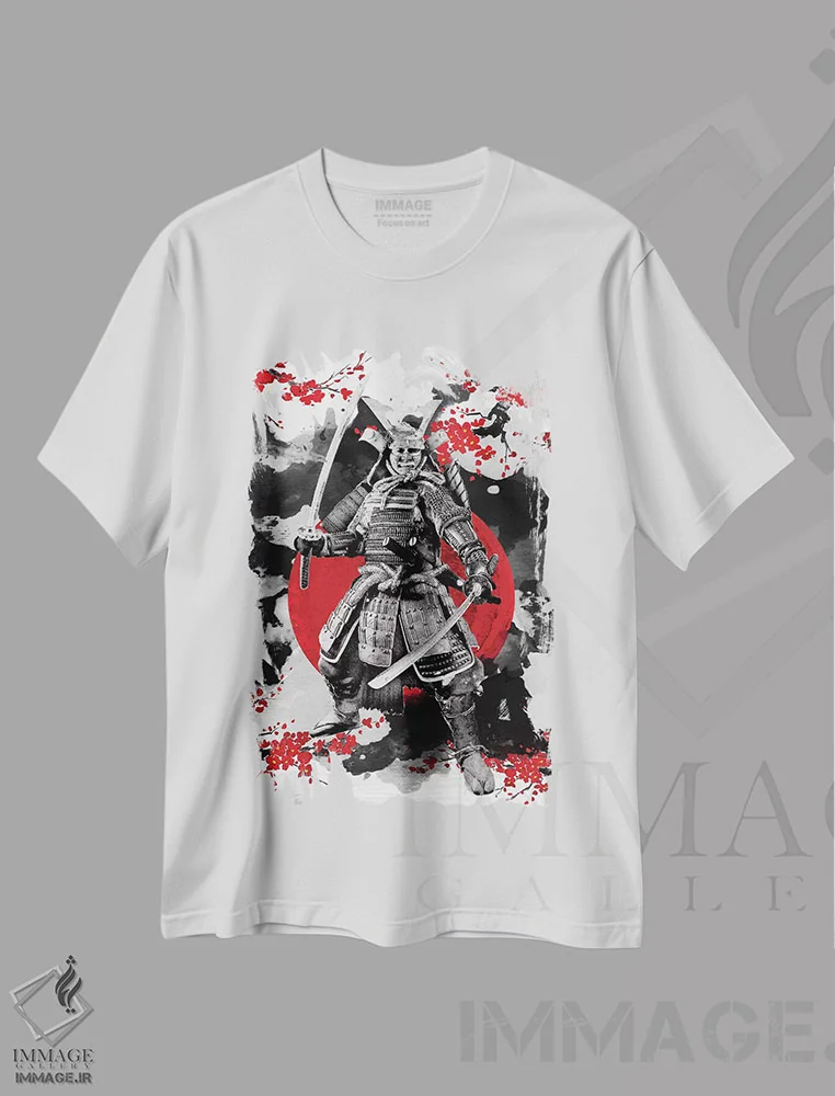 تیشرت سفید طرح دار سامورایی شکوفهٔ گیلاس، دکور آسیایی اثر کورنل ولاد | فروشگاه ایماژ