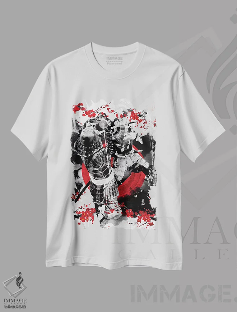 تیشرت سفید طرح دار دوئل سامورایی های شکوفه گیلاس، دکور آسیایی اثر کورنل ولاد | immage.ir