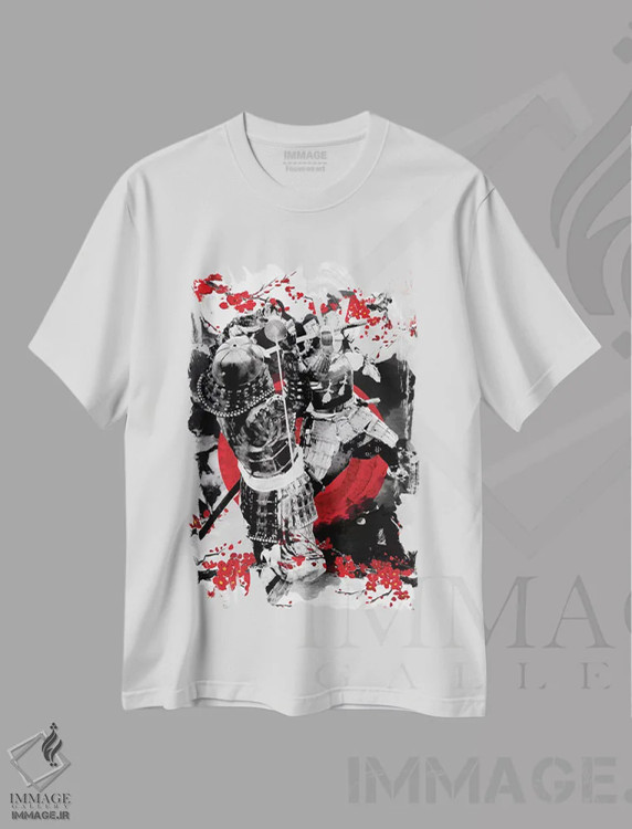 تیشرت سفید طرح دار دوئل سامورایی های شکوفه گیلاس، دکور آسیایی اثر کورنل ولاد | immage.ir