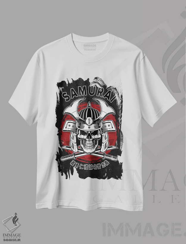تیشرت سفید طرح دار جمجمه سامورایی، دکور آسیایی اثر کورنل ولاد | فروشگاه ایماژ