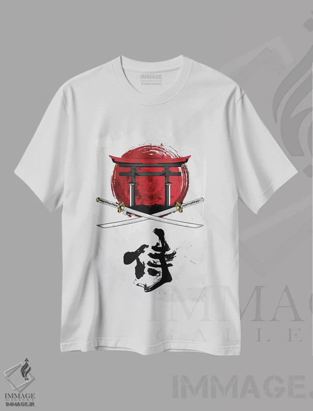 تیشرت سفید طرح دار کاتانای سامورایی با دروازه توری، دکور آسیایی اثر کورنل ولاد | فروشگاه ایماژ
