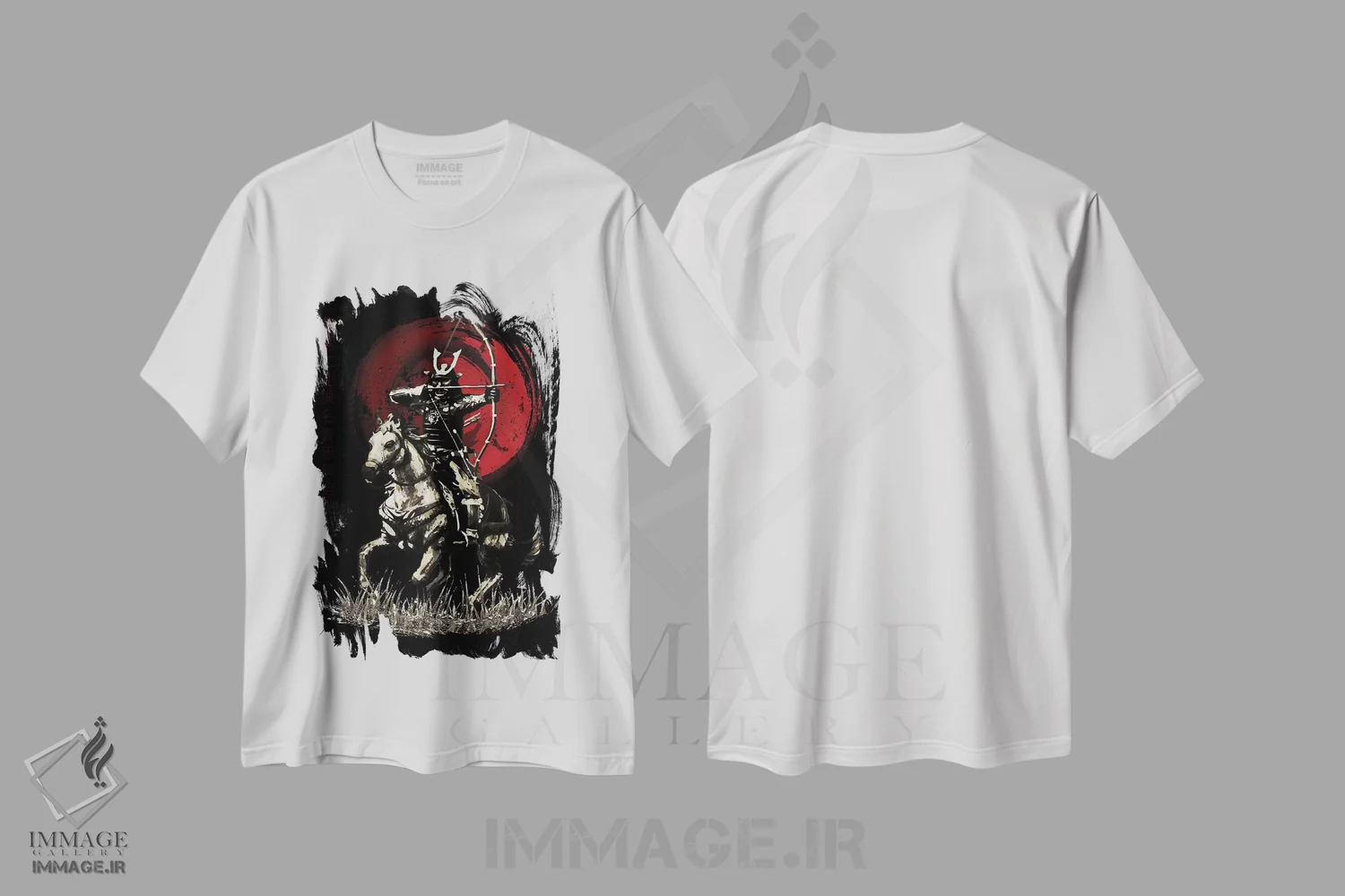 تیشرت سفید طرح دار سامورایی بوشیدو یابوسامه تیرانداز سوار بر اسب، دکور آسیایی اثر کورنل ولاد | فروشگاه ایماژ