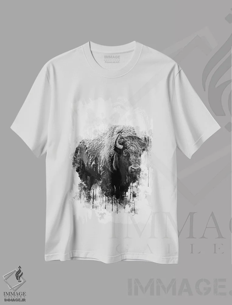 تیشرت سفید طرح دار گاومیش کوهان دار سیاه و سفید، تزئینی اثر کورنل ولاد | immage.ir