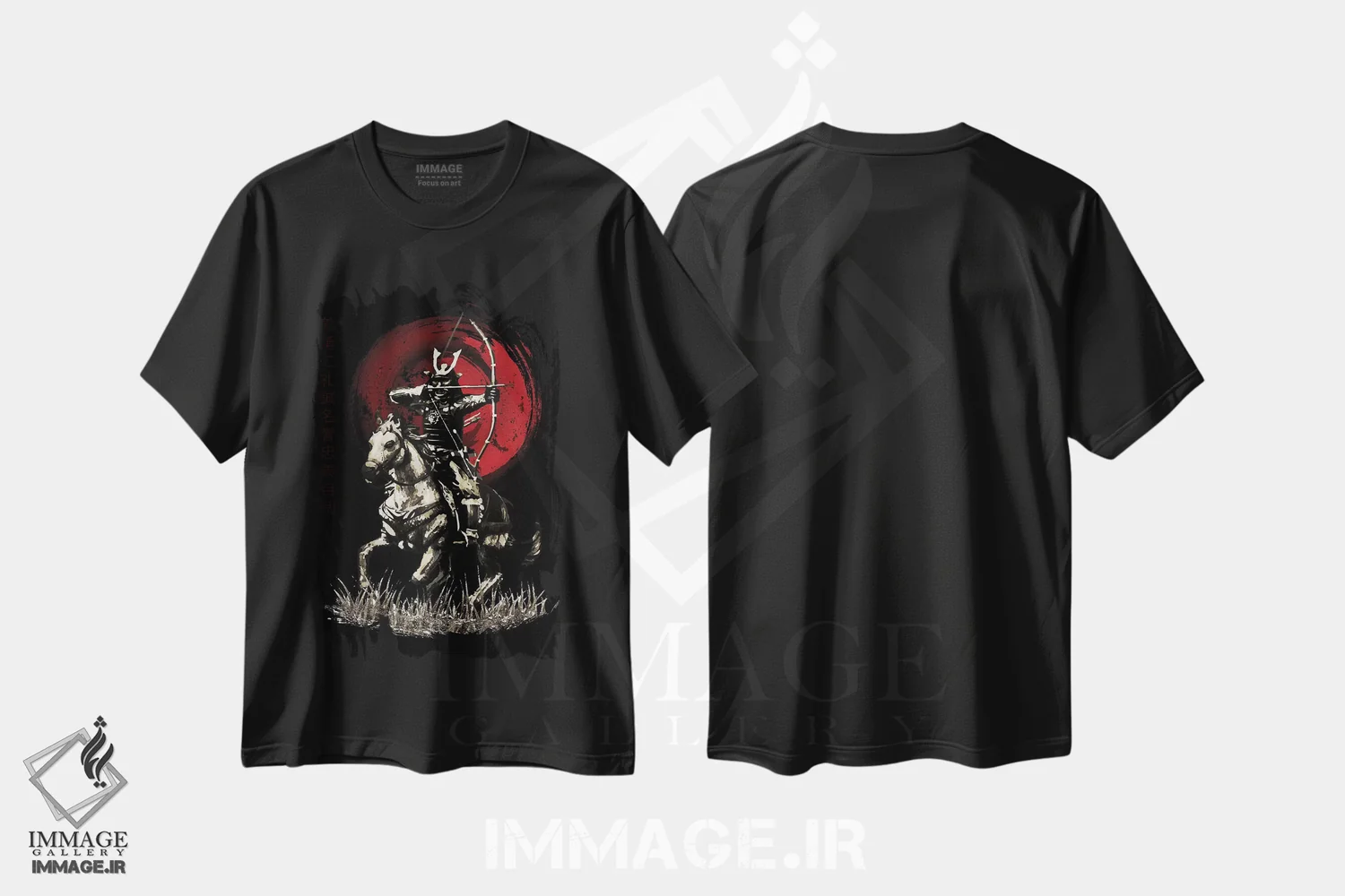 تیشرت مشکی طرح دار سامورایی بوشیدو یابوسامه تیرانداز سوار بر اسب، دکور آسیایی اثر کورنل ولاد | immage.ir