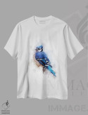 تیشرت سفید طرح دار پرنده جی آبی، تزئینی اثر کورنل ولاد | فروشگاه ایماژ