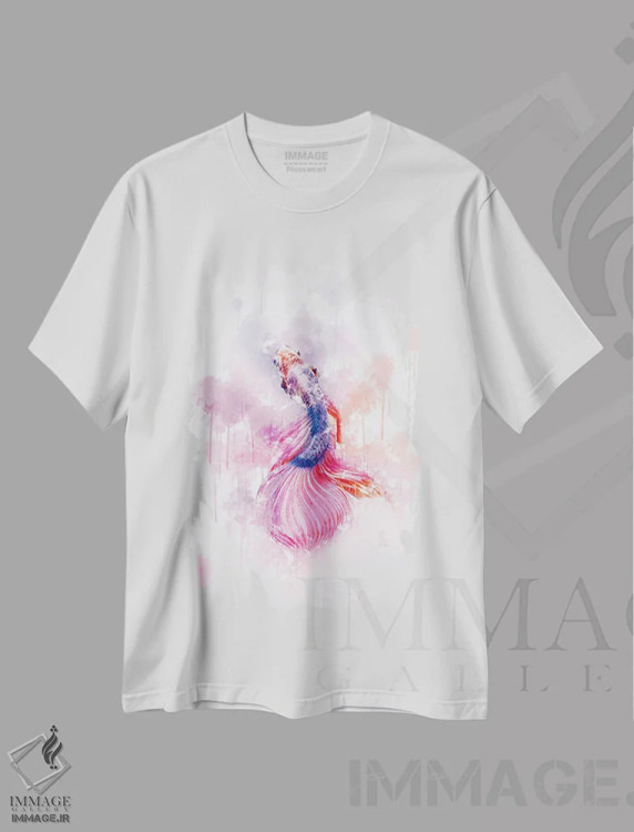 تیشرت سفید طرح دار ماهی رنگارنگ، تزئینی اثر کورنل ولاد | فروشگاه ایماژ