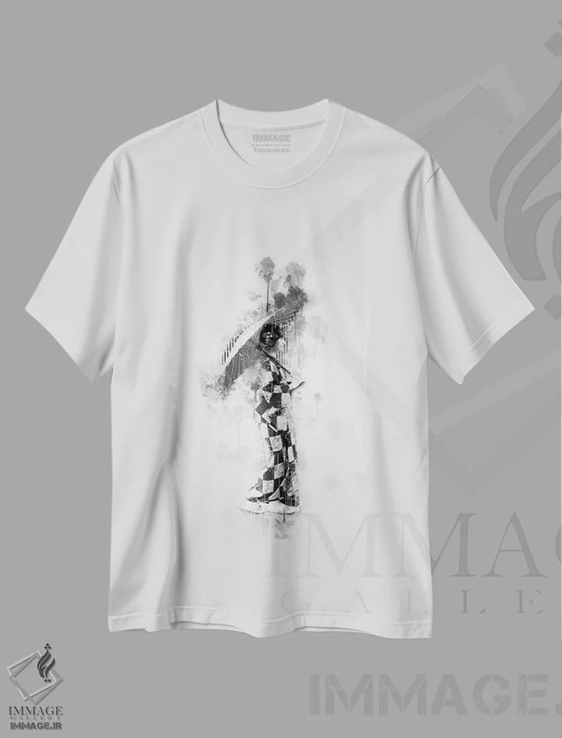 تیشرت سفید طرح دار دختر ژاپنی سیاه و سفید، تزئینی اثر کورنل ولاد | فروشگاه ایماژ