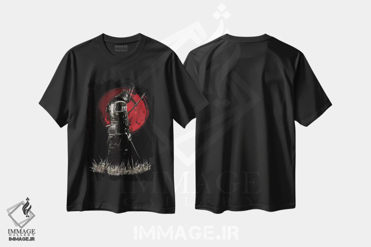 تیشرت مشکی طرح دار سامورایی بوشیدو با پشت برگشته، دکور آسیایی اثر کورنل ولاد | فروشگاه ایماژ