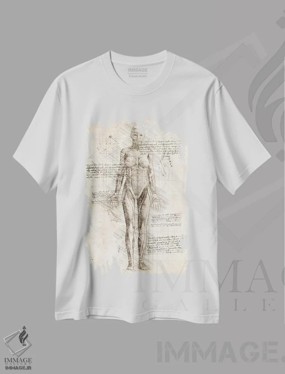 تیشرت سفید طرح دار کالبدشناسی عضلات زن انسان، تزئینی اثر کورنل ولاد | فروشگاه ایماژ