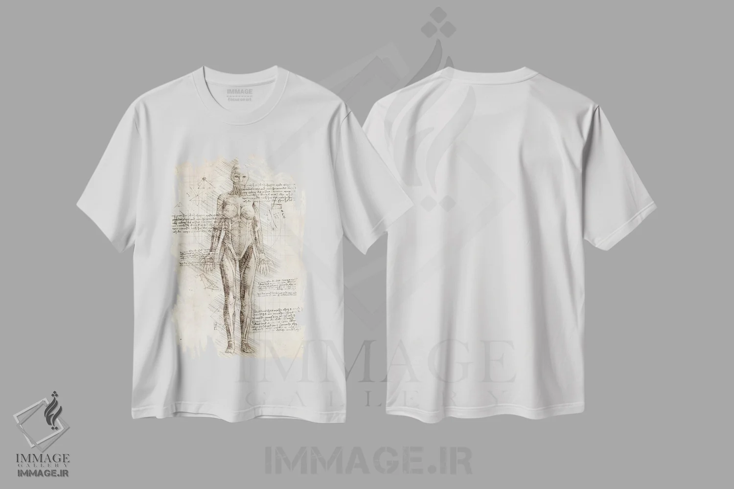 تیشرت سفید طرح دار کالبدشناسی عضلات زن انسان، تزئینی اثر کورنل ولاد | فروشگاه ایماژ