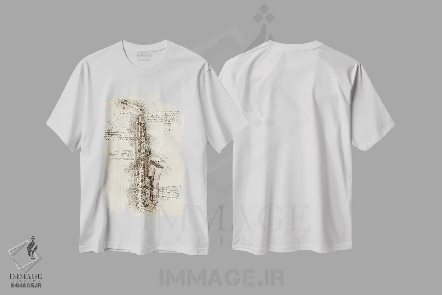 تیشرت سفید طرح دار ساکسوفون، تزئینی اثر کورنل ولاد | فروشگاه ایماژ