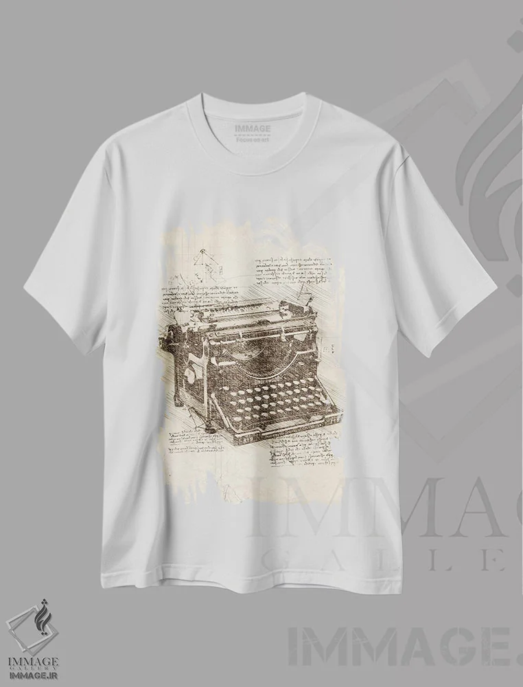 تیشرت سفید طرح دار ماشین تحریر، دکوراسیون جایگزین اثر کورنل ولاد | فروشگاه ایماژ