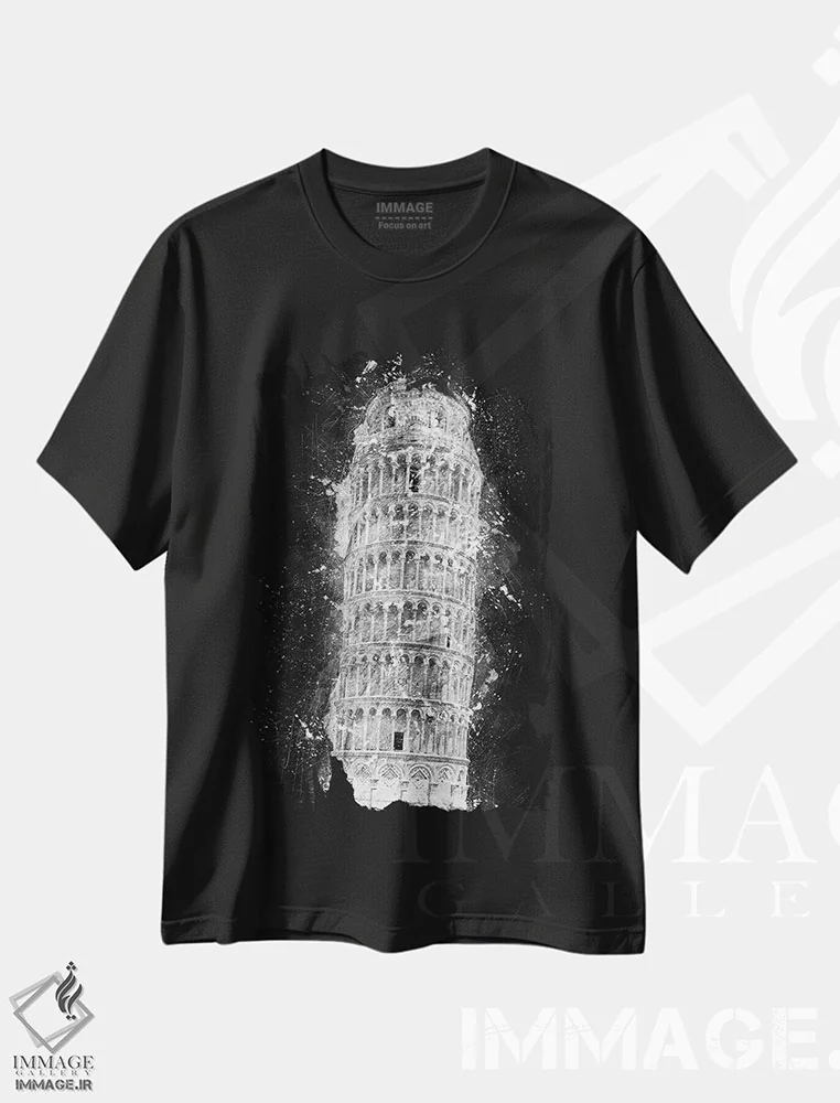تیشرت مشکی طرح دار برج کج پیزا اثر کورنل ولاد | immage.ir