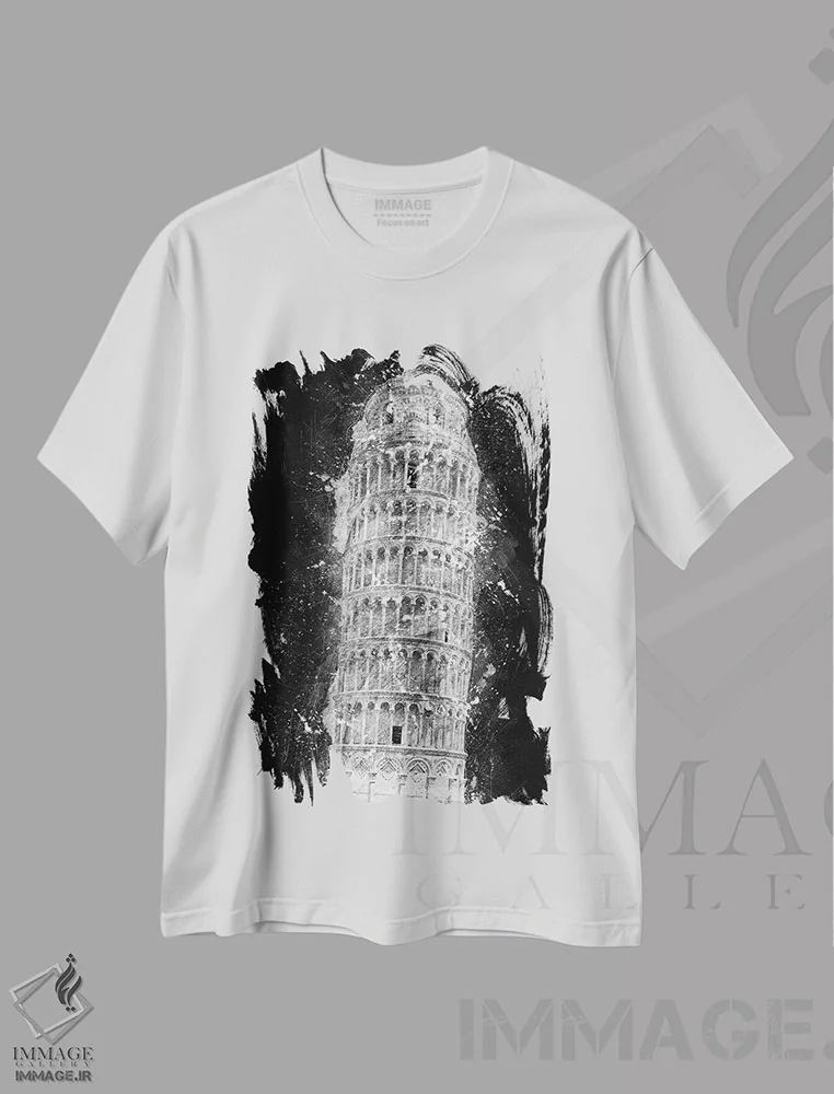 تیشرت سفید طرح دار برج کج پیزا اثر کورنل ولاد | فروشگاه ایماژ