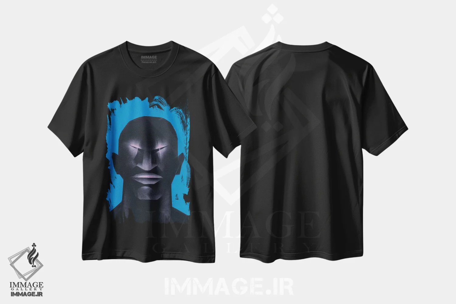 تیشرت مشکی طرح دار پرتره در آبی، هنر آمریکایی آفریقایی تبار اثر وی کالونتو | فروشگاه ایماژ