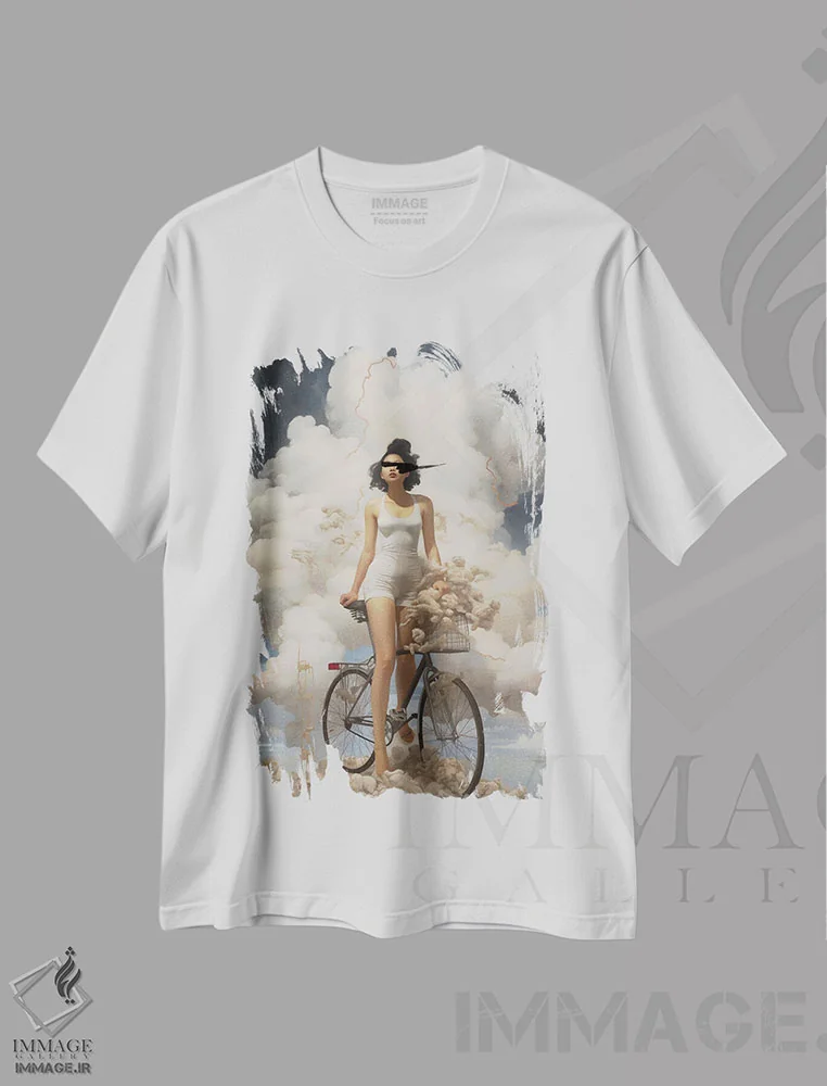 تیشرت سفید طرح دار دوچرخه سواری در ابرها، هنر فاخر معاصر اثر کارولین وندلین | فروشگاه ایماژ