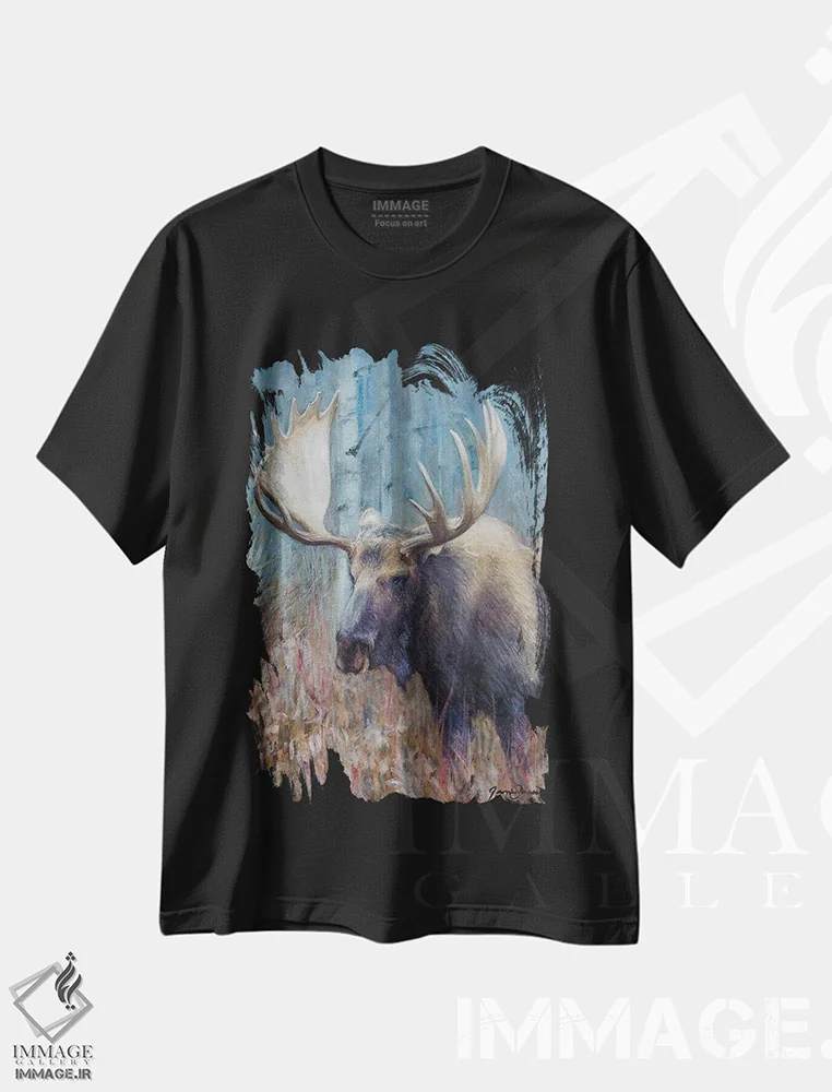 تیشرت مشکی طرح دار مطالعه گوزن شمالی پاییزی، هنر فاخر معاصر اثر جیمز کوروین | فروشگاه ایماژ