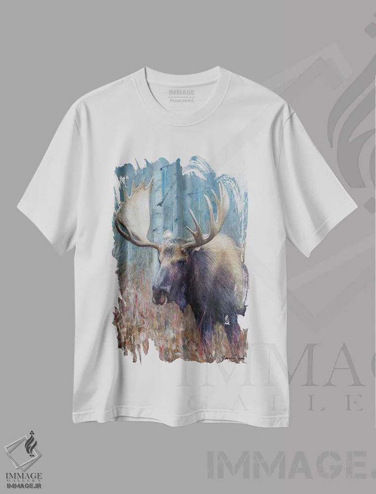 تیشرت سفید طرح دار مطالعه گوزن شمالی پاییزی، هنر فاخر معاصر اثر جیمز کوروین | immage.ir