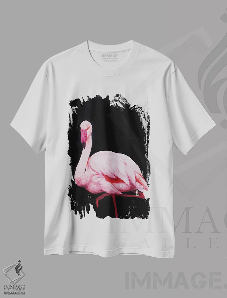 تیشرت سفید طرح دار فلامینگو III، هنر فاخر معاصر اثر جیمز کوروین | immage.ir