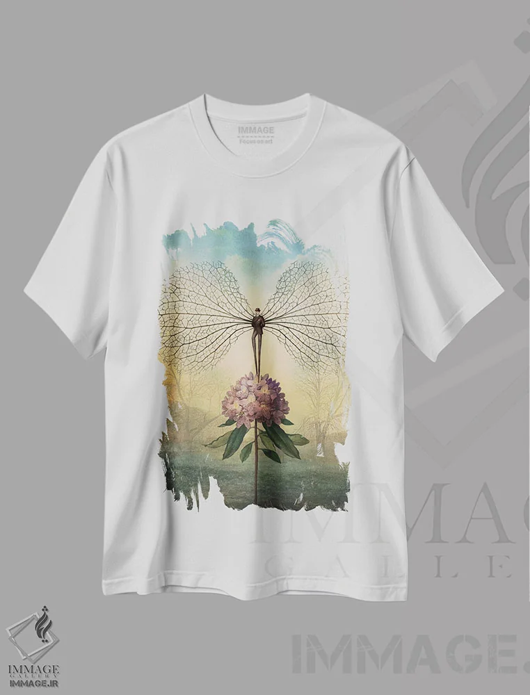 تیشرت سفید طرح دار پرواز صبحگاهی، هنر فاخر معاصر اثر کاترین ولز-استاین | immage.ir
