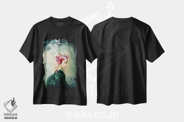 تیشرت مشکی طرح دار پرتره ۱۲، دکور آسیایی اثر کاترین ولز-استاین | فروشگاه ایماژ