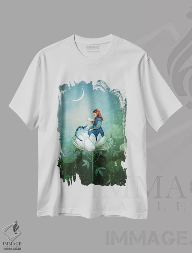 تیشرت سفید طرح دار داستان های آبی، هنر فاخر معاصر اثر کاترین ولز-استاین | فروشگاه ایماژ
