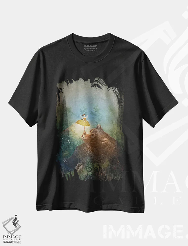 تیشرت مشکی طرح دار جنگل افسانه ای، هنر فاخر معاصر اثر کاترین ولز-استاین | فروشگاه ایماژ