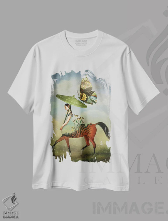 تیشرت سفید طرح دار پروانه ها، هنر فاخر معاصر اثر کاترین ولز-استاین | فروشگاه ایماژ