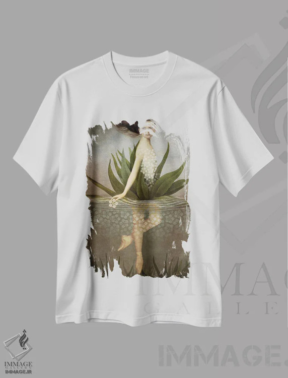 تیشرت سفید طرح دار نیلوفر آبی، هنر فاخر معاصر اثر کاترین ولز-استاین | فروشگاه ایماژ