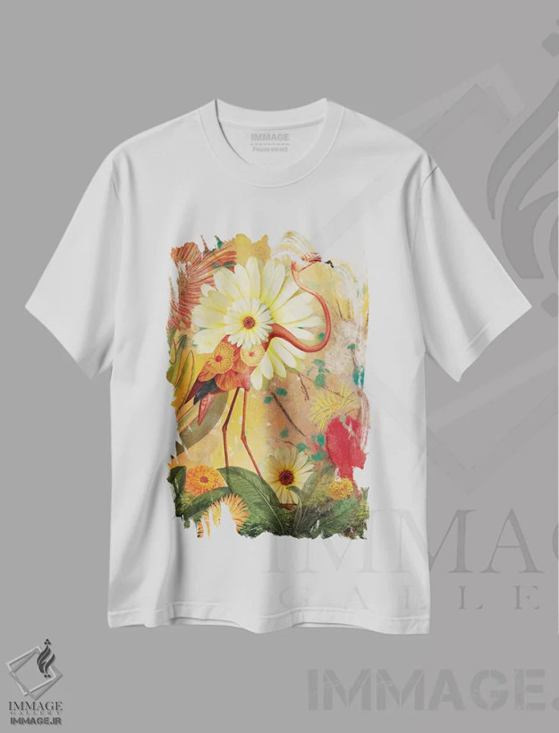 تیشرت سفید طرح دار فلامینگو، هنر فاخر معاصر اثر کاترین ولز-استاین | فروشگاه ایماژ