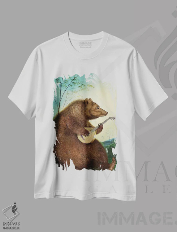 تیشرت سفید طرح دار خرس مندولین زن، هنر فاخر معاصر اثر کاترین ولز-استاین | فروشگاه ایماژ