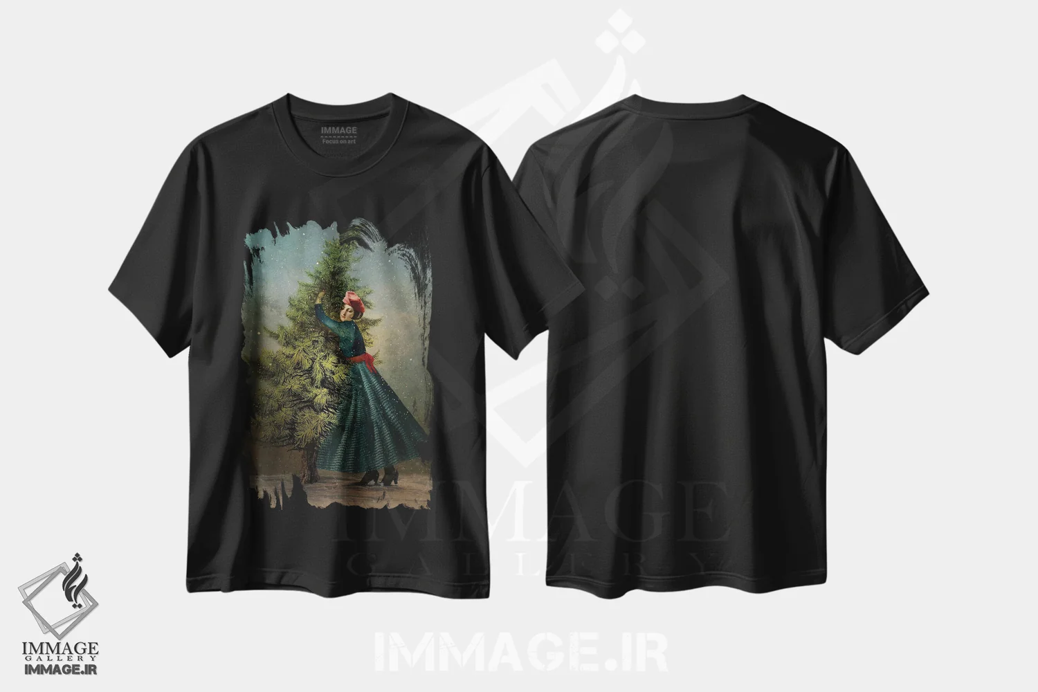 تیشرت مشکی طرح دار درخت کاج، هنر فاخر معاصر اثر کاترین ولز-استاین | فروشگاه ایماژ