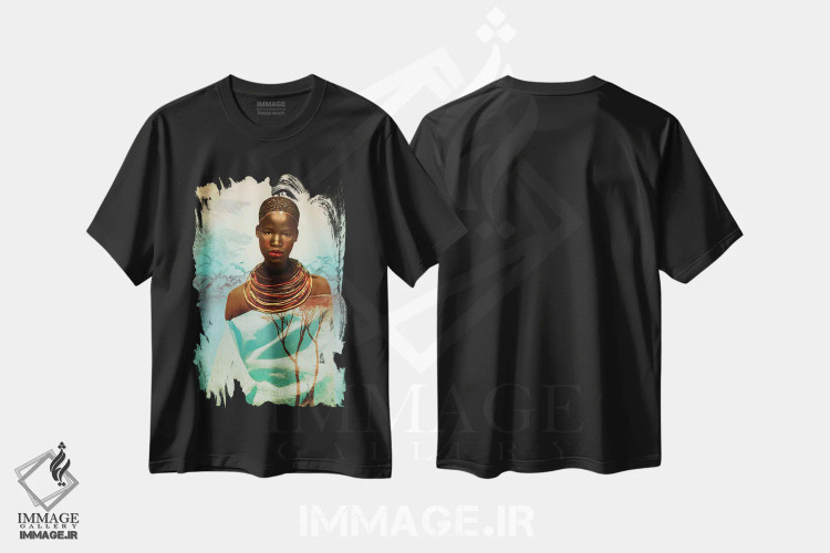 تیشرت مشکی طرح دار زن تانزانیایی، دکور آفریقایی اثر کاترین ولز-استاین | فروشگاه ایماژ