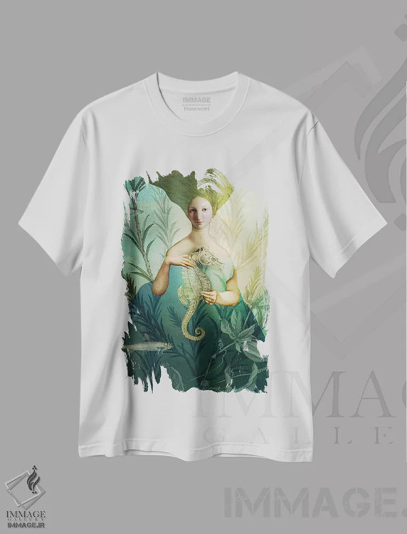 تیشرت سفید طرح دار پری دریایی، هنر فاخر معاصر اثر کاترین ولز-استاین | فروشگاه ایماژ