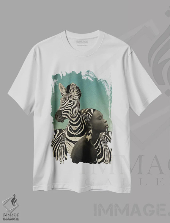 تیشرت سفید طرح دار گورخر، دکور آفریقایی اثر کاترین ولز-استاین | فروشگاه ایماژ