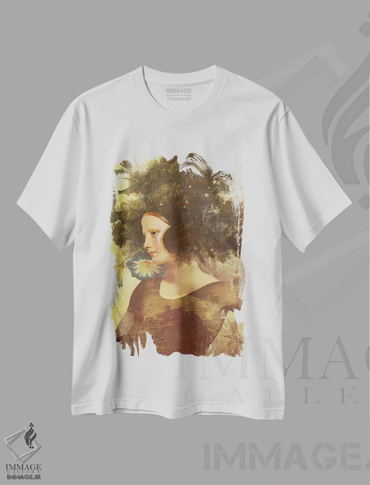 تیشرت سفید طرح دار رنگ های پاییزی، هنر فاخر معاصر اثر کاترین ولز-استاین | فروشگاه ایماژ