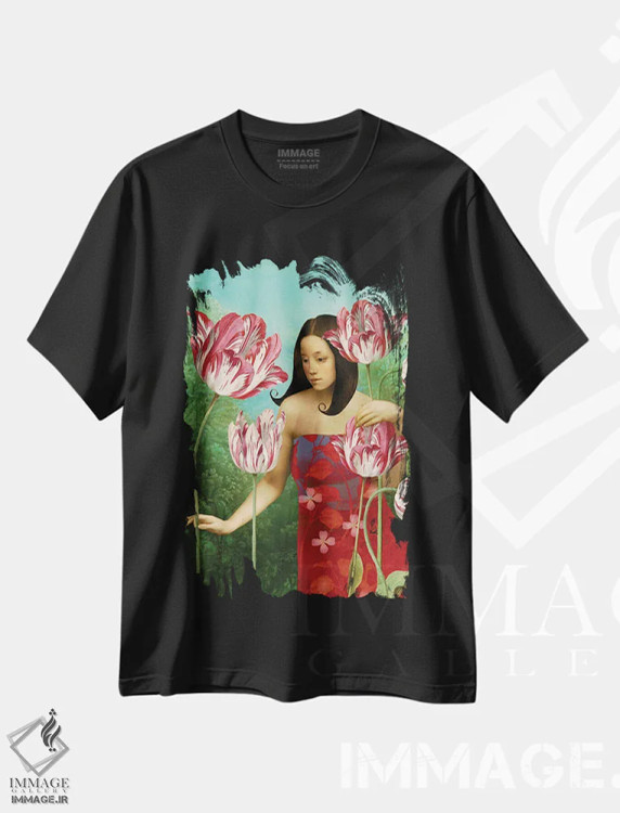 تیشرت مشکی طرح دار لاله ها، هنر فاخر معاصر اثر کاترین ولز-استاین | فروشگاه ایماژ