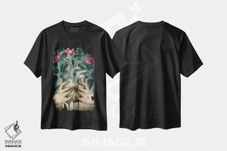 تیشرت مشکی طرح دار یک قلب سبز، هنر فاخر معاصر اثر کاترین ولز-استاین | فروشگاه ایماژ